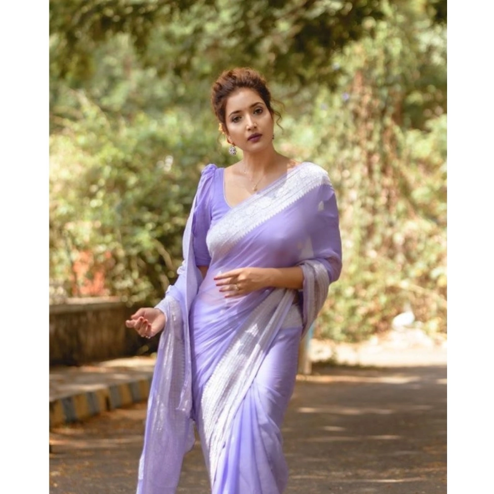 Women's Cotton Printed Saree With Unstitched Blouse 5.5Mtr (Lavender) - Image 3