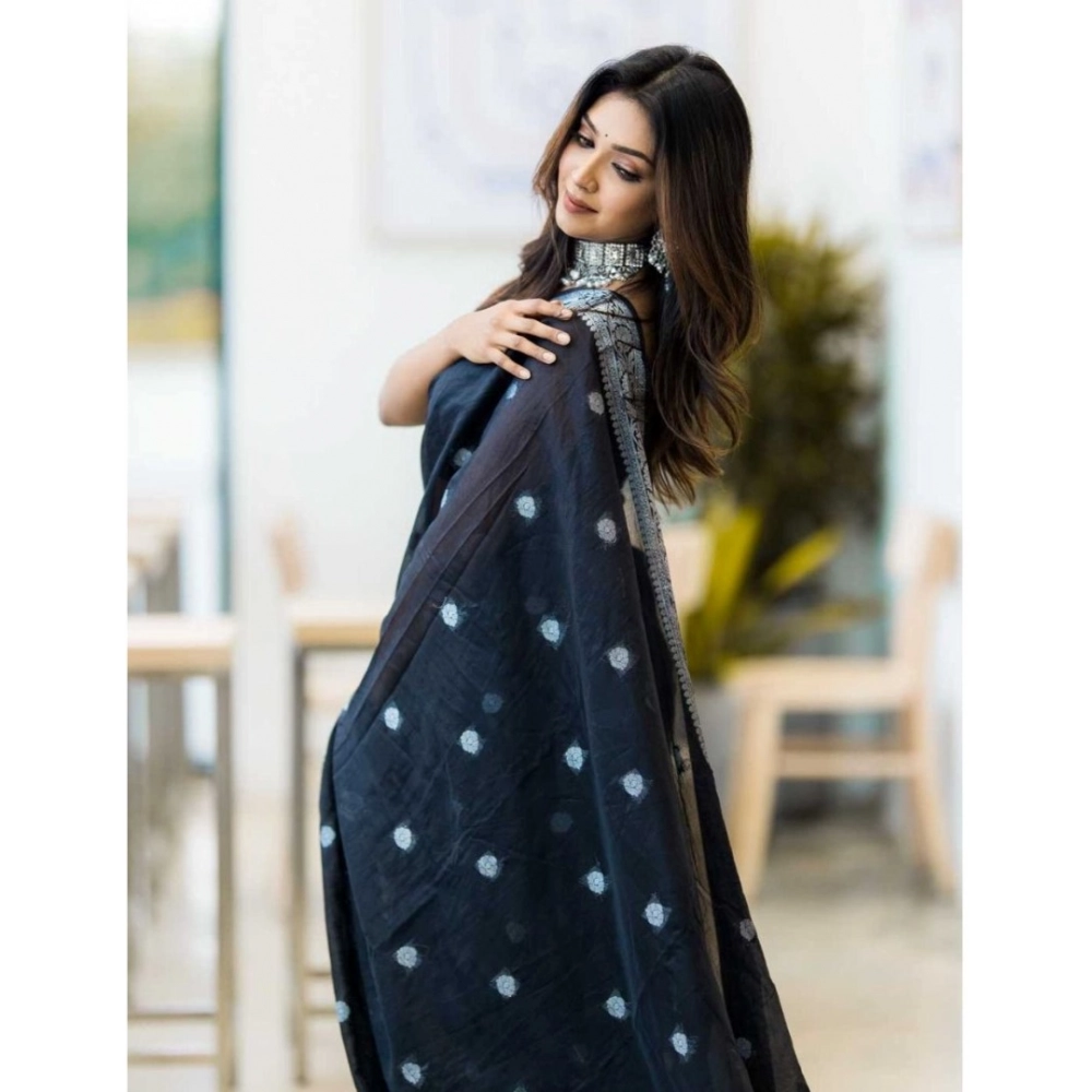 Women's Cotton Printed Saree With Unstitched Blouse 5.5Mtr (Black) - Image 2