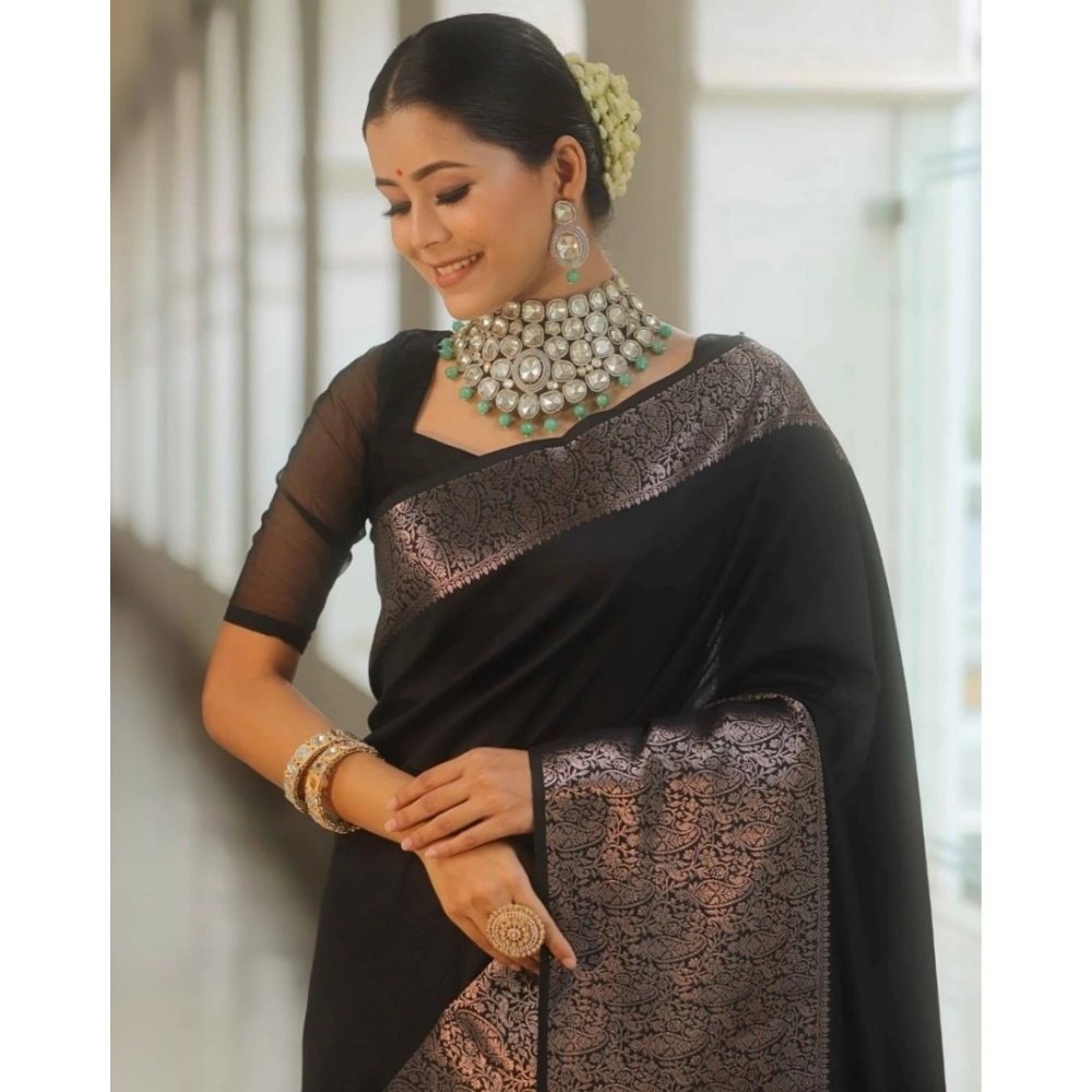 Women's Silk Printed Saree With Unstitched Blouse 5.5Mtr (Black) - Image 2