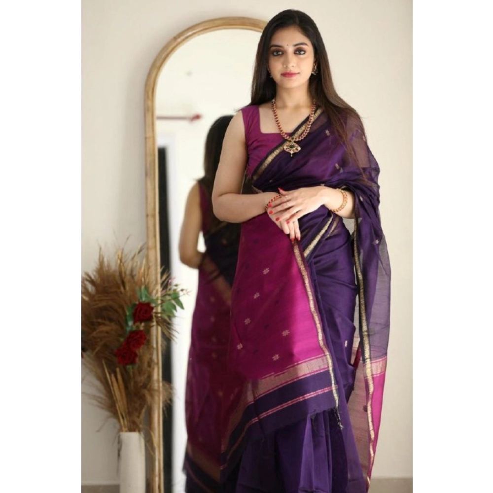 Women's Cotton Printed Saree With Unstitched Blouse 5.5Mtr (Navy Blue) - Image 3