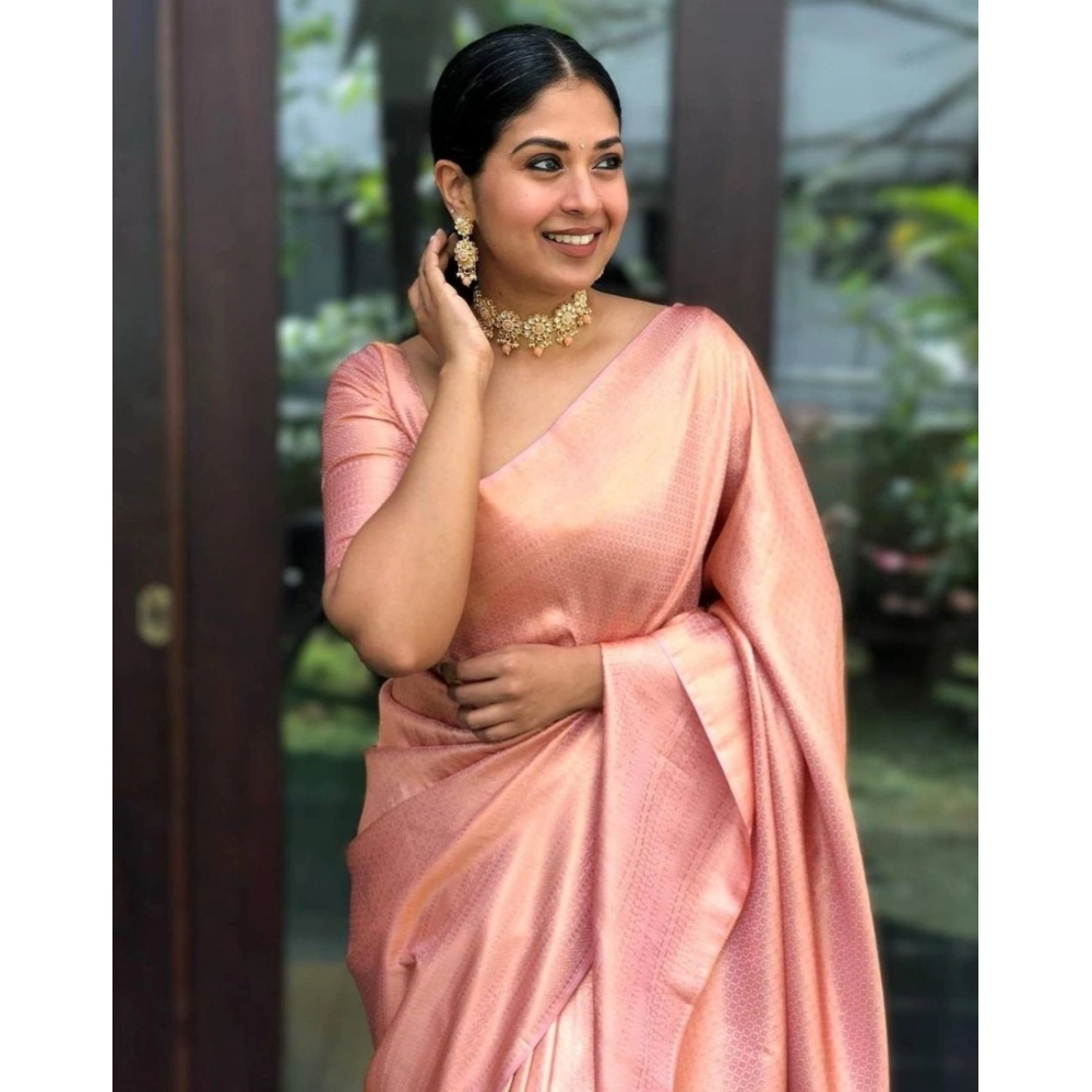 Women's Silk Printed Saree With Unstitched Blouse 5.5Mtr (Peach) - Image 3