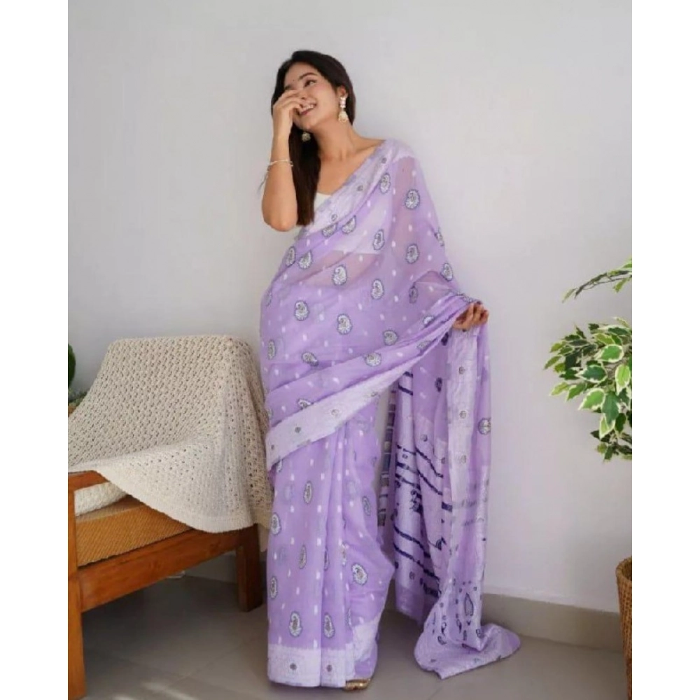Women's Cotton Printed Saree With Unstitched Blouse 5.5Mtr (Lavender) - Image 3