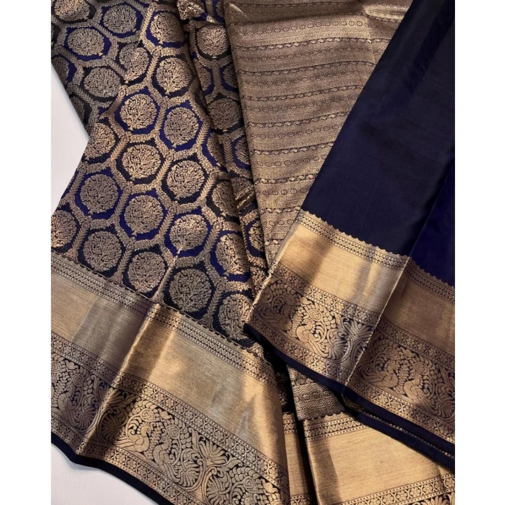 Women's Silk Printed Saree With Unstitched Blouse 5.5Mtr (Navy Blue) - Image 3
