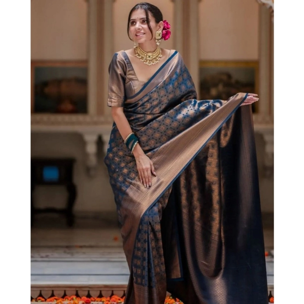 Women's Silk Printed Saree With Unstitched Blouse 5.5Mtr (Blue) - Image 2