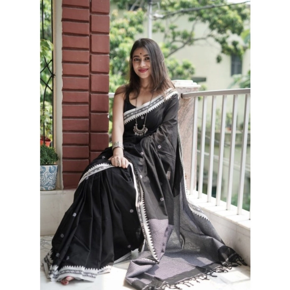 Women's Cotton Printed Saree With Unstitched Blouse 5.5Mtr (Black) - Image 2