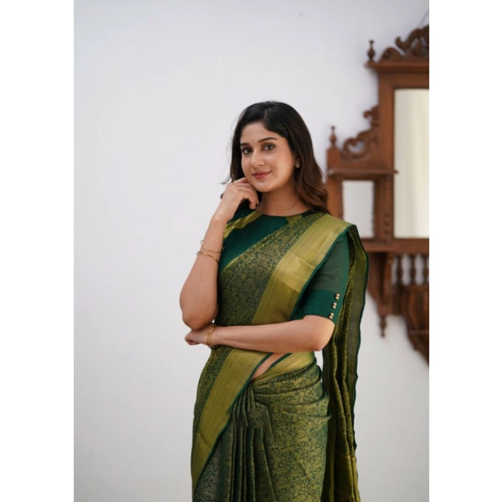 Women's Silk Printed Saree With Unstitched Blouse 5.5Mtr (Green) - Image 3