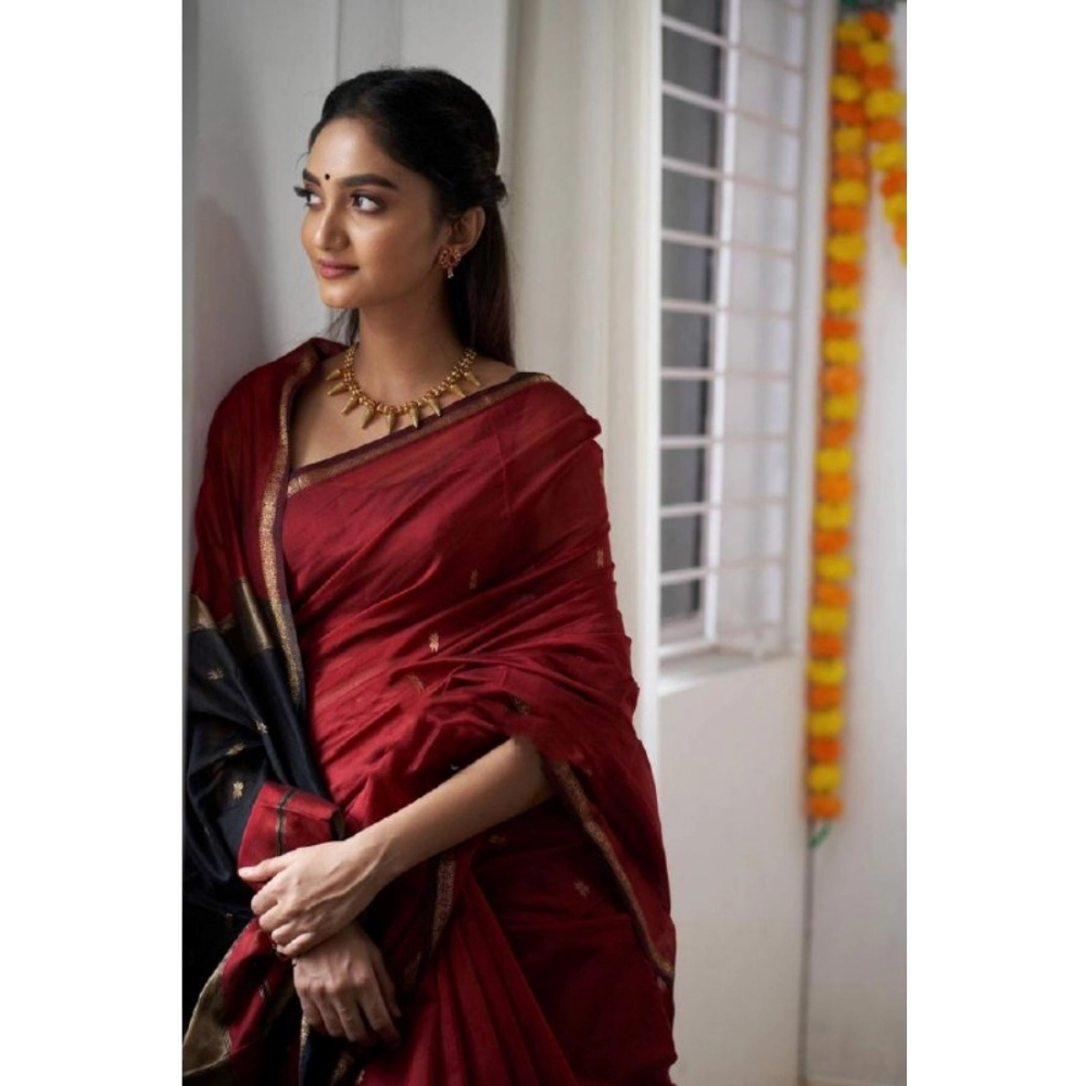 Women's Cotton Printed Saree With Unstitched Blouse 5.5Mtr (Red) - Image 3