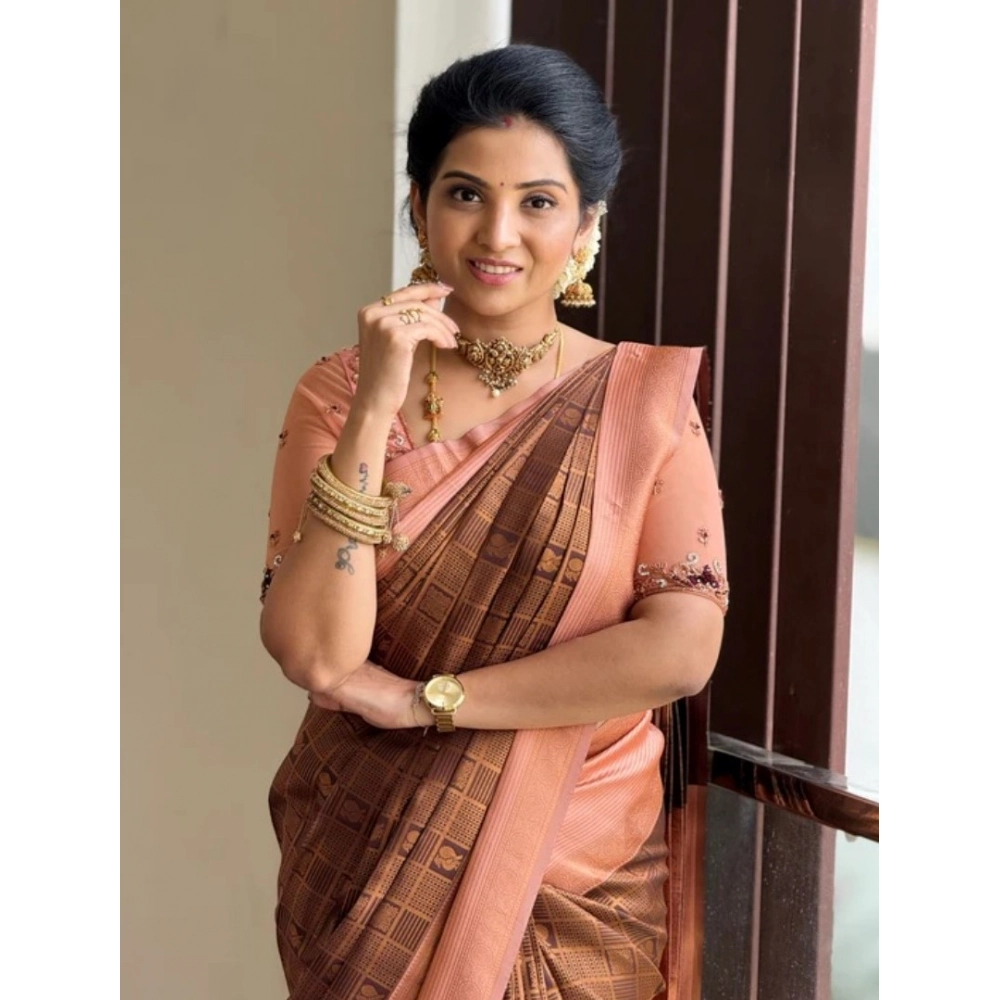 Women's Silk Printed Saree With Unstitched Blouse 5.5Mtr (Brown) - Image 3
