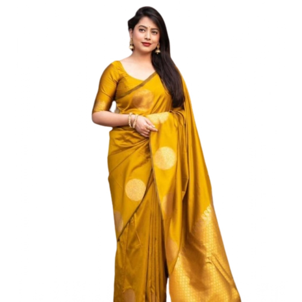 Women's Silk Printed Saree With Unstitched Blouse 5.5Mtr (Yellow) - Image 3