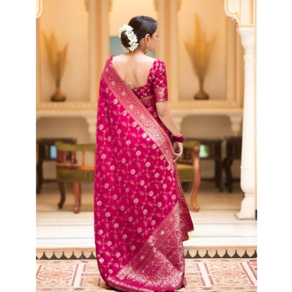 Women's Silk Printed Saree With Unstitched Blouse 5.5Mtr (Rani Pink) - Image 2