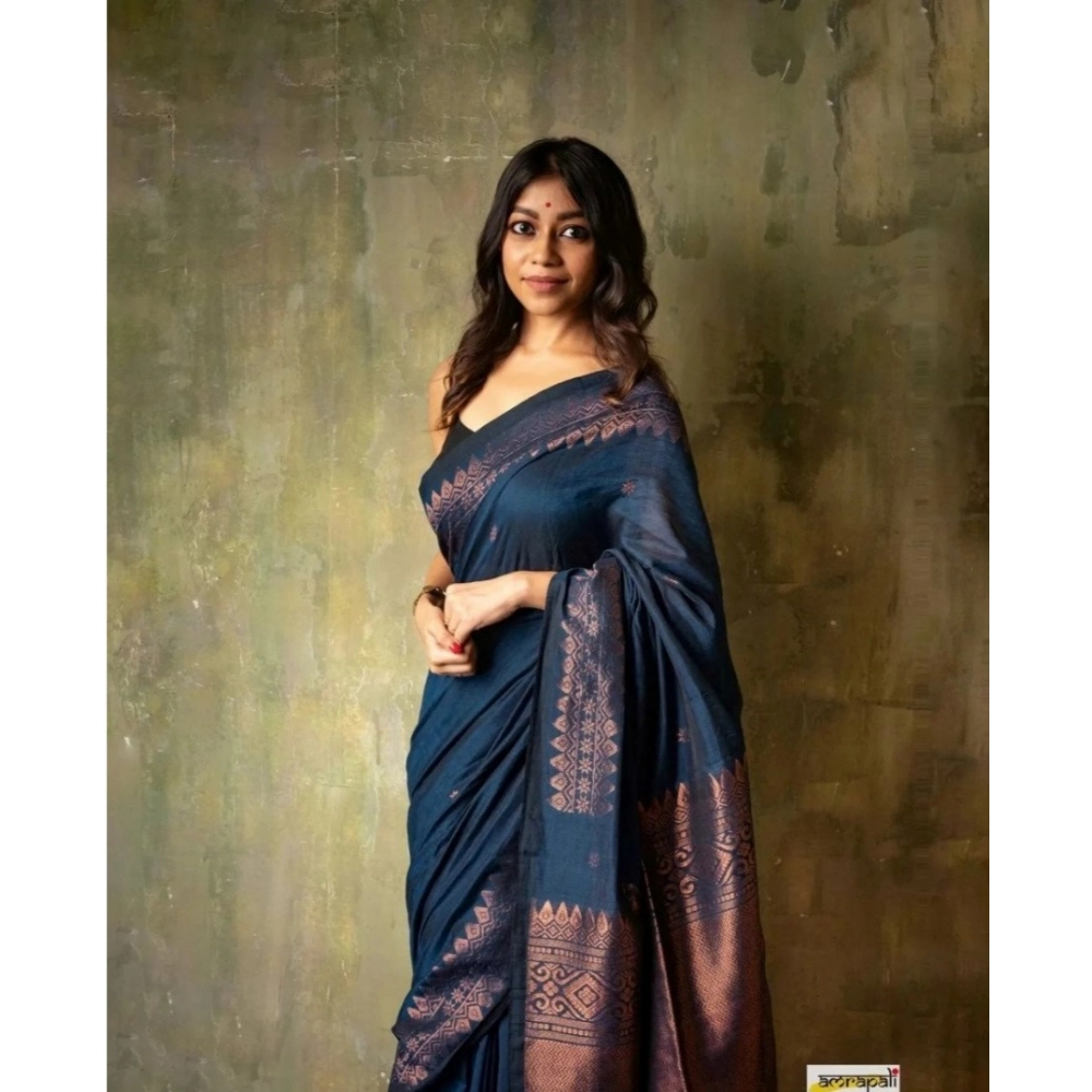 Women's Silk Printed Saree With Unstitched Blouse 5.5Mtr (Navy Blue) - Image 2
