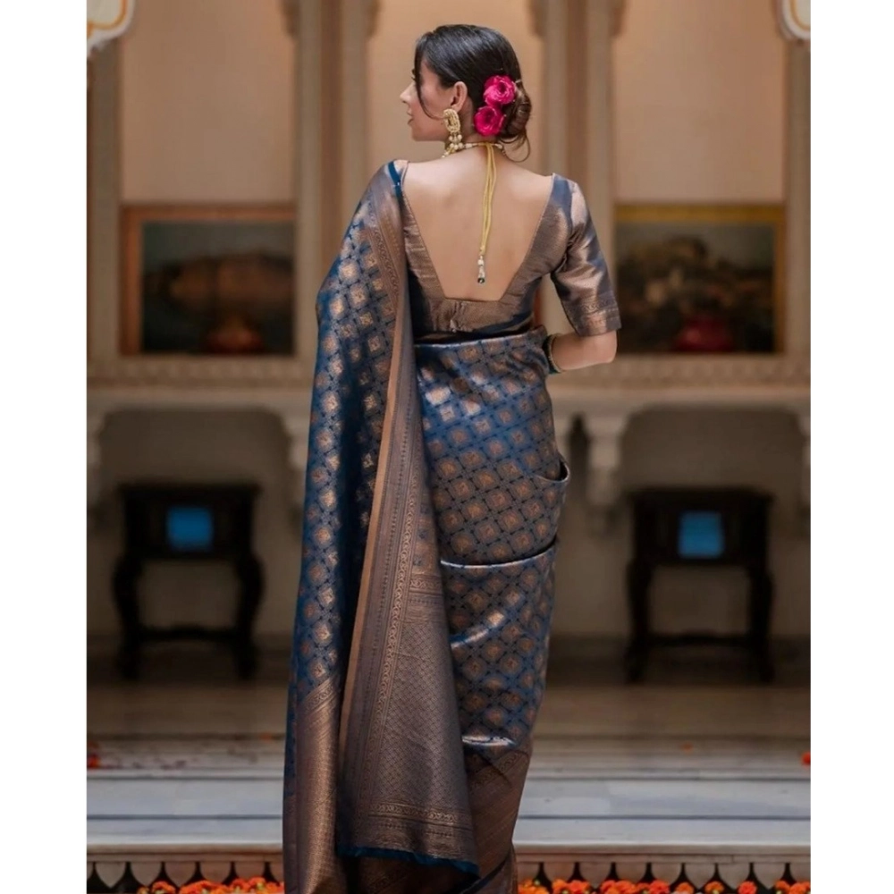 Women's Silk Printed Saree With Unstitched Blouse 5.5Mtr (Blue) - Image 3