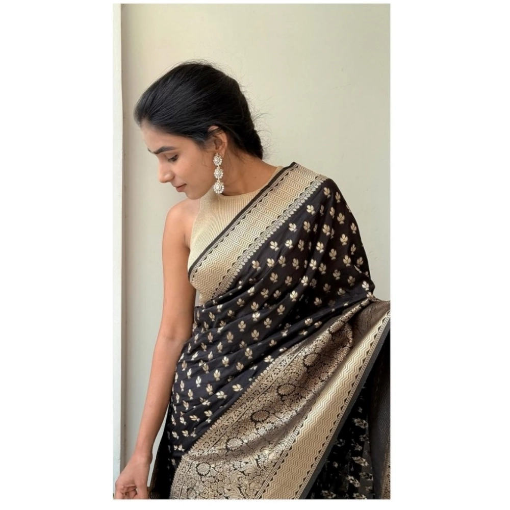 Women's Silk Printed Saree With Unstitched Blouse 5.5Mtr (Black) - Image 2
