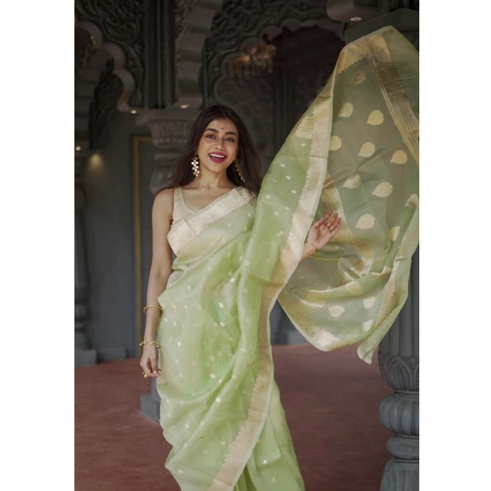 Women's Cotton Printed Saree With Unstitched Blouse 5.5Mtr (Pista) - Image 2