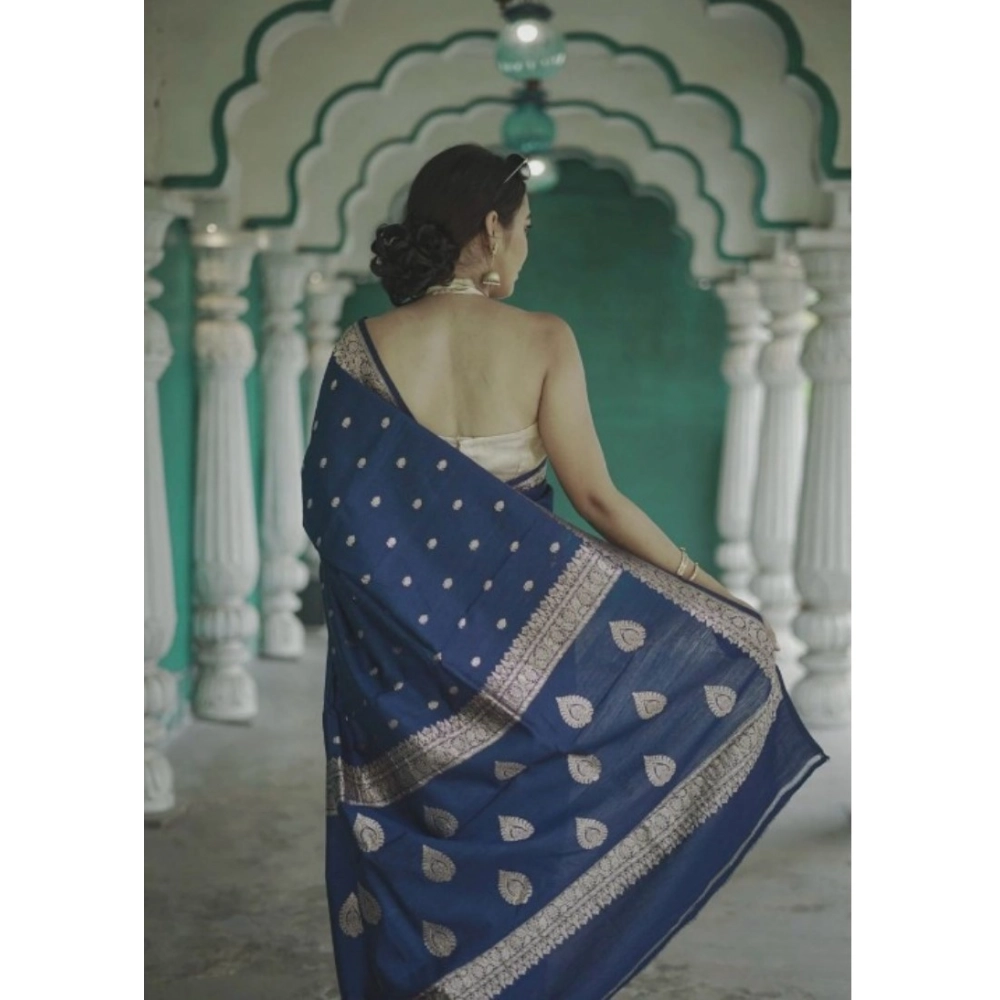 Women's Cotton Printed Saree With Unstitched Blouse 5.5Mtr (Navy Blue) - Image 2
