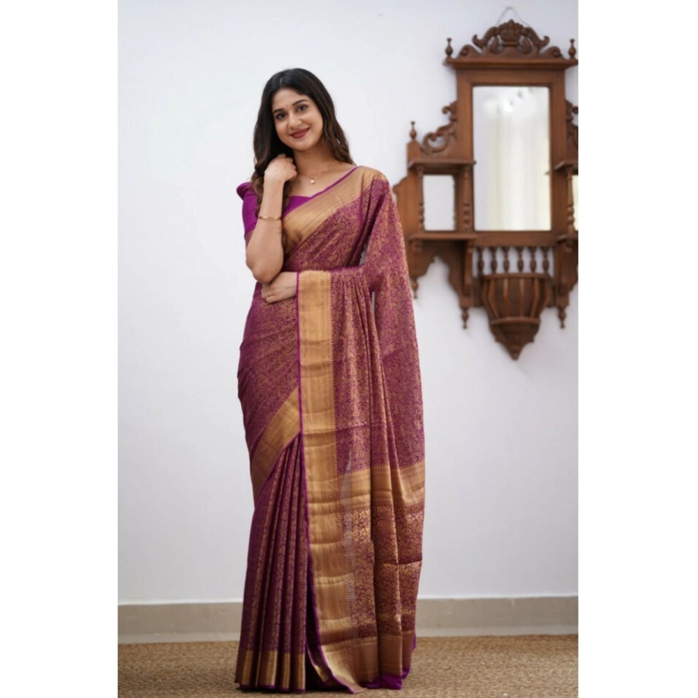 Women's Silk Printed Saree With Unstitched Blouse 5.5Mtr (Wine) - Image 3