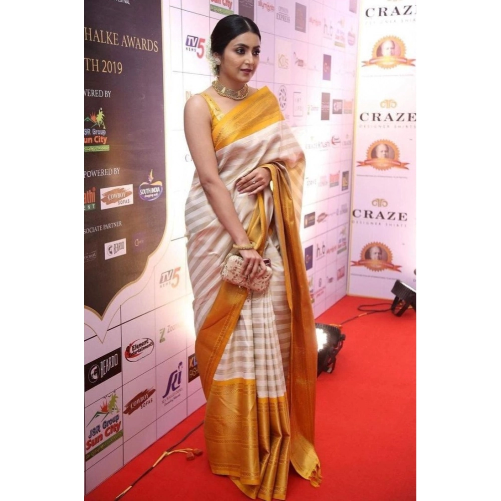 Women's Silk Printed Saree With Unstitched Blouse 5.5Mtr (Off White-Yellow) - Image 3