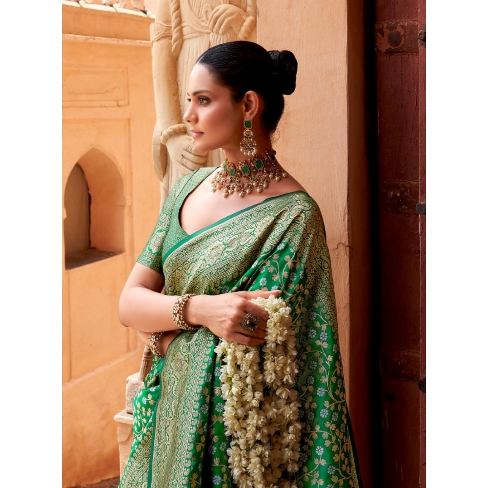 Women's Silk Printed Saree With Unstitched Blouse 5.5Mtr (Green) - Image 2