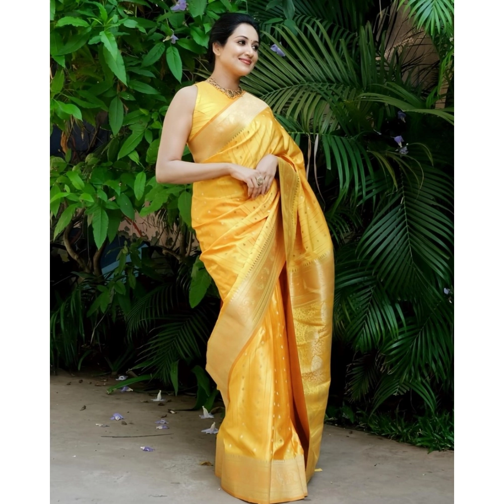 Women's Silk Printed Saree With Unstitched Blouse 5.5Mtr (Yellow) - Image 2