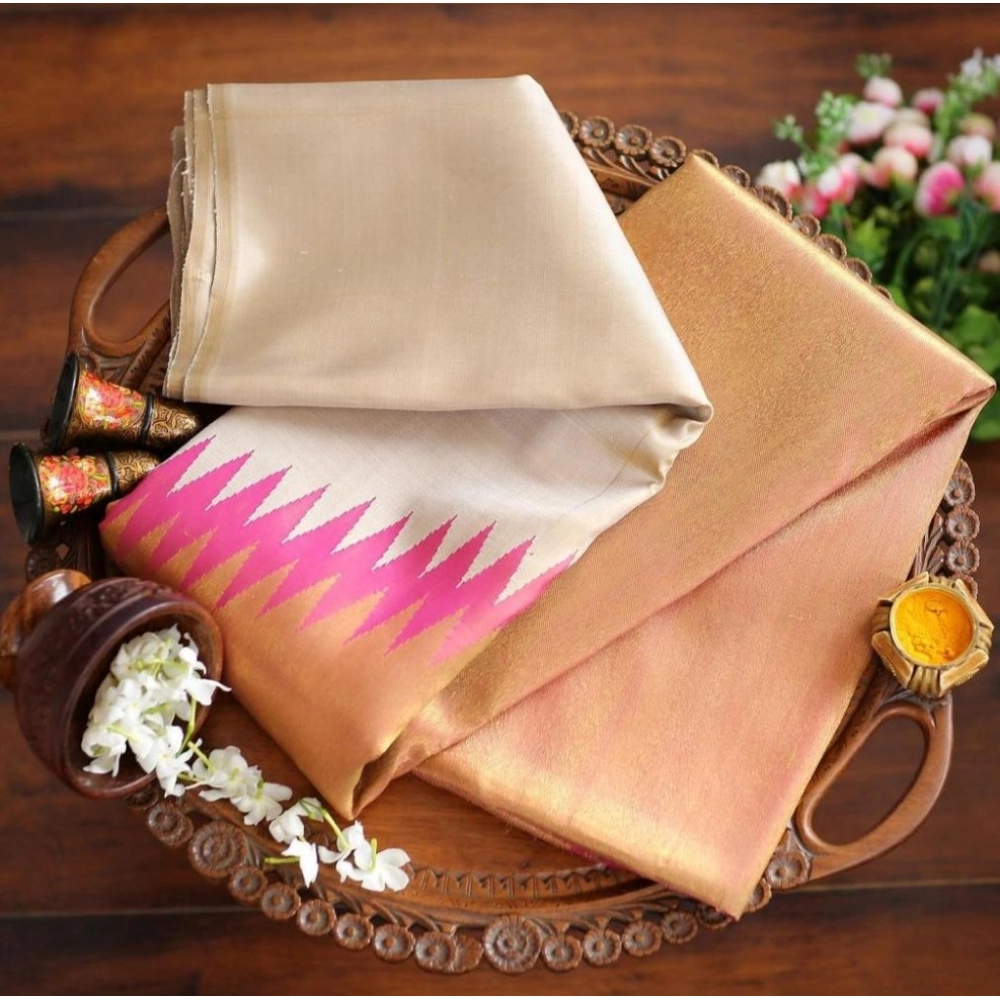 Women's Silk Printed Saree With Unstitched Blouse 5.5Mtr (Cream) - Image 3