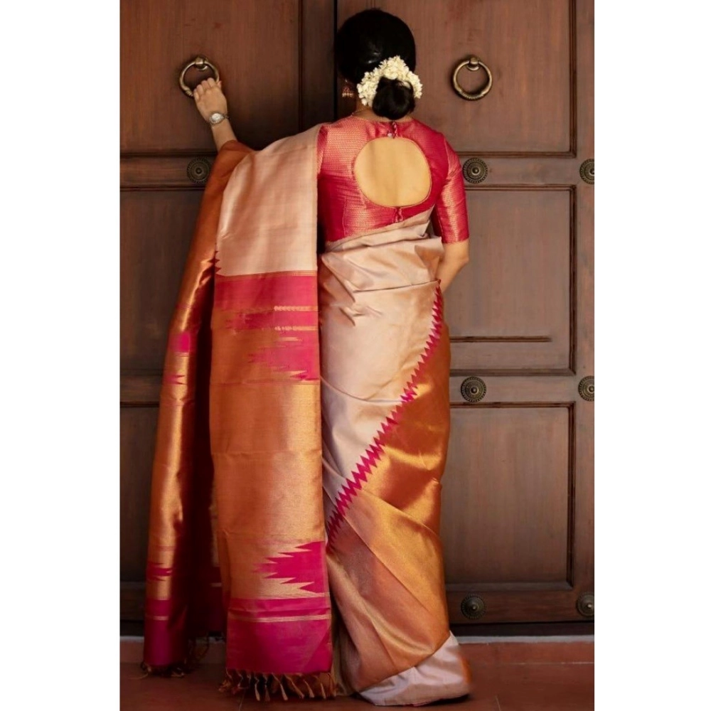 Women's Silk Printed Saree With Unstitched Blouse 5.5Mtr (Cream) - Image 2