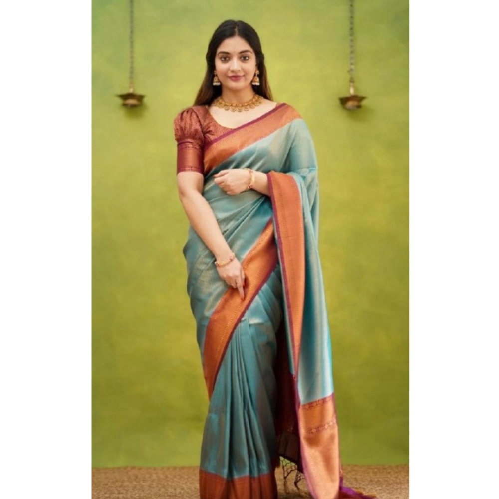 Women's Silk Printed Saree With Unstitched Blouse 5.5Mtr (Rama) - Image 2