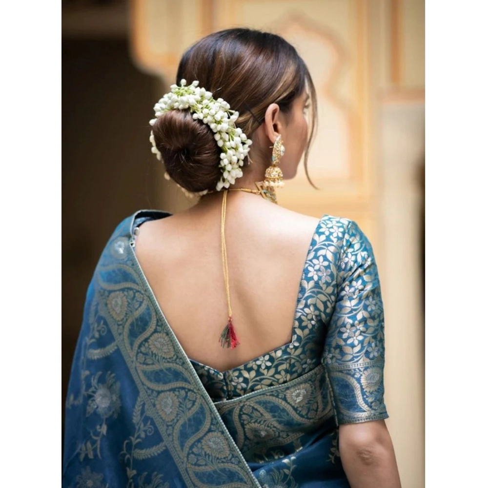 Women's Silk Printed Saree With Unstitched Blouse 5.5Mtr (Teal Blue) - Image 3