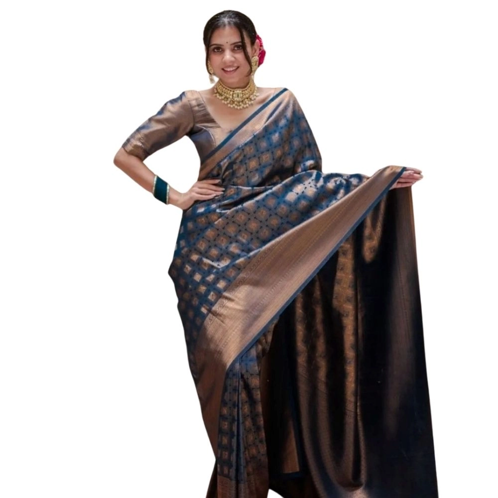 Women's Silk Printed Saree With Unstitched Blouse 5.5Mtr (Blue)