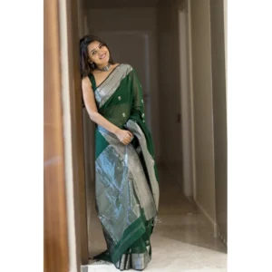 Women's Cotton Printed Saree With Unstitched Blouse 5.5Mtr (Green)