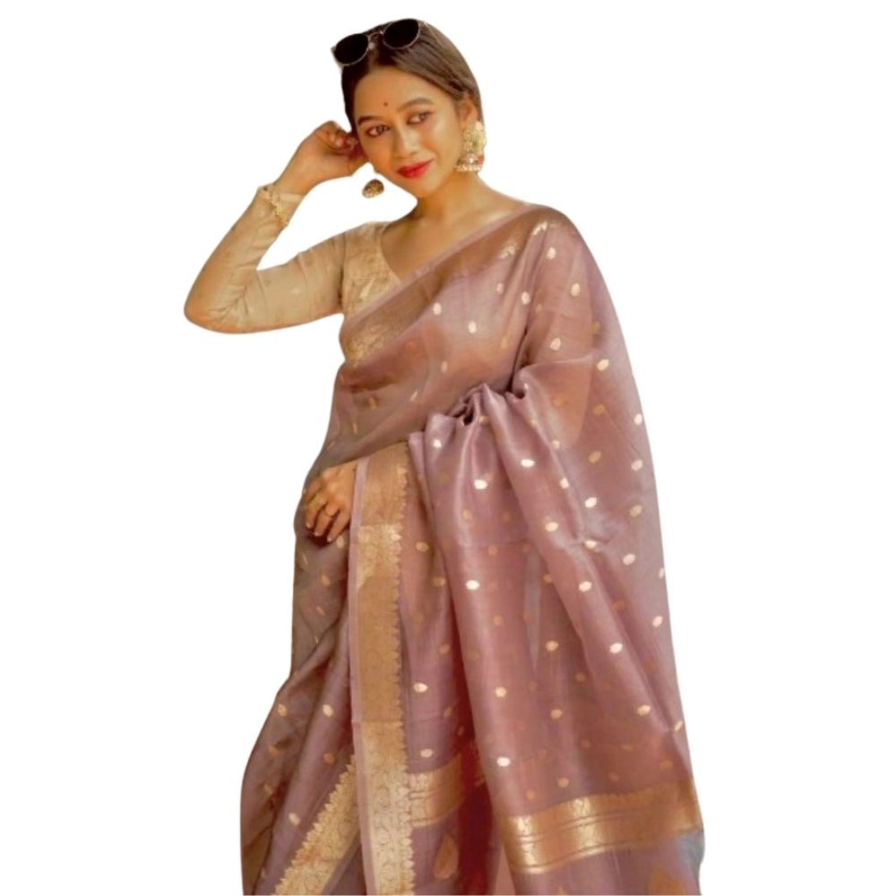 Women's Cotton Printed Saree With Unstitched Blouse 5.5Mtr (Rose Gold)