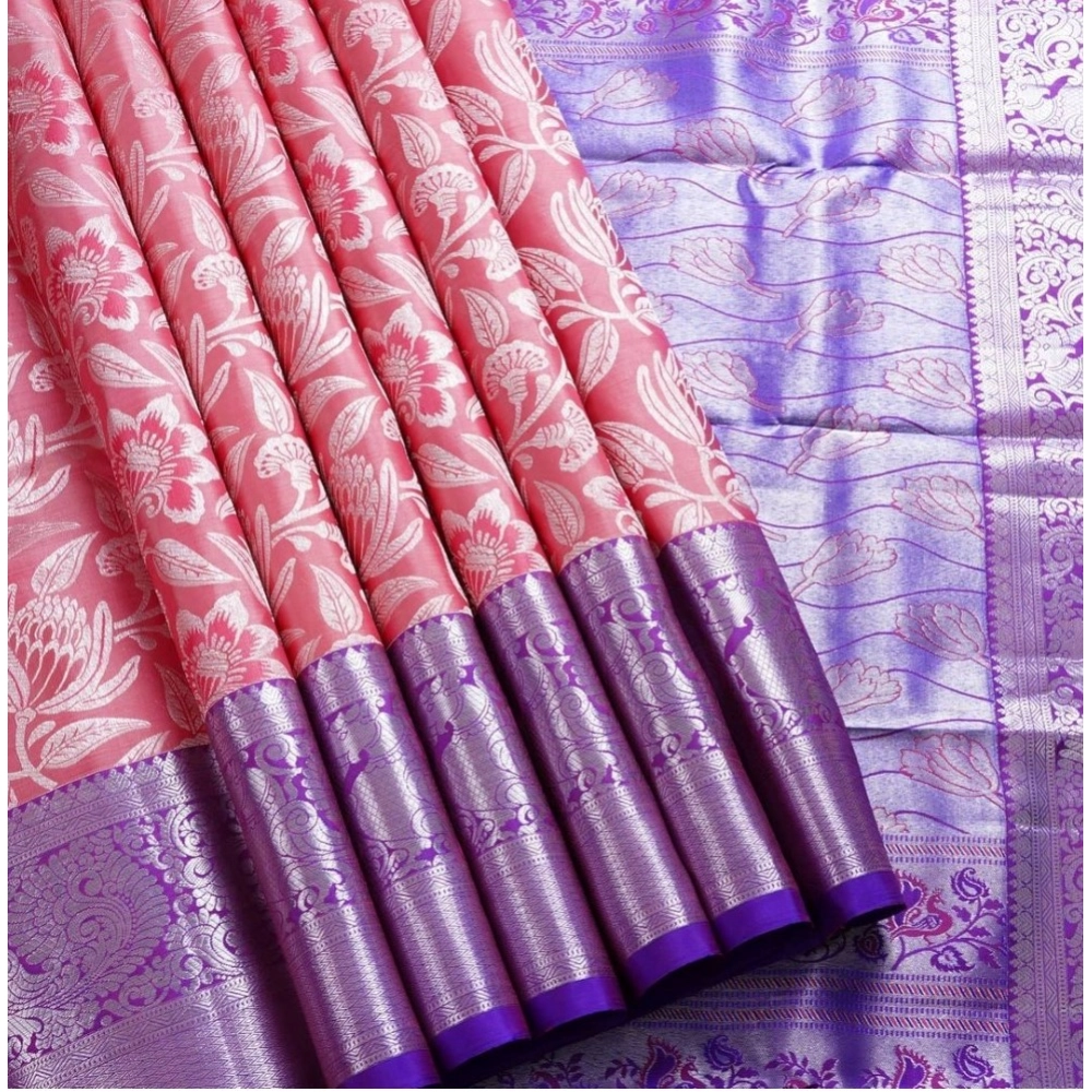 Women's Soft Lichi Silk Printed Saree With Unstitched Blouse 5.5Mtr (Purple) - Image 2