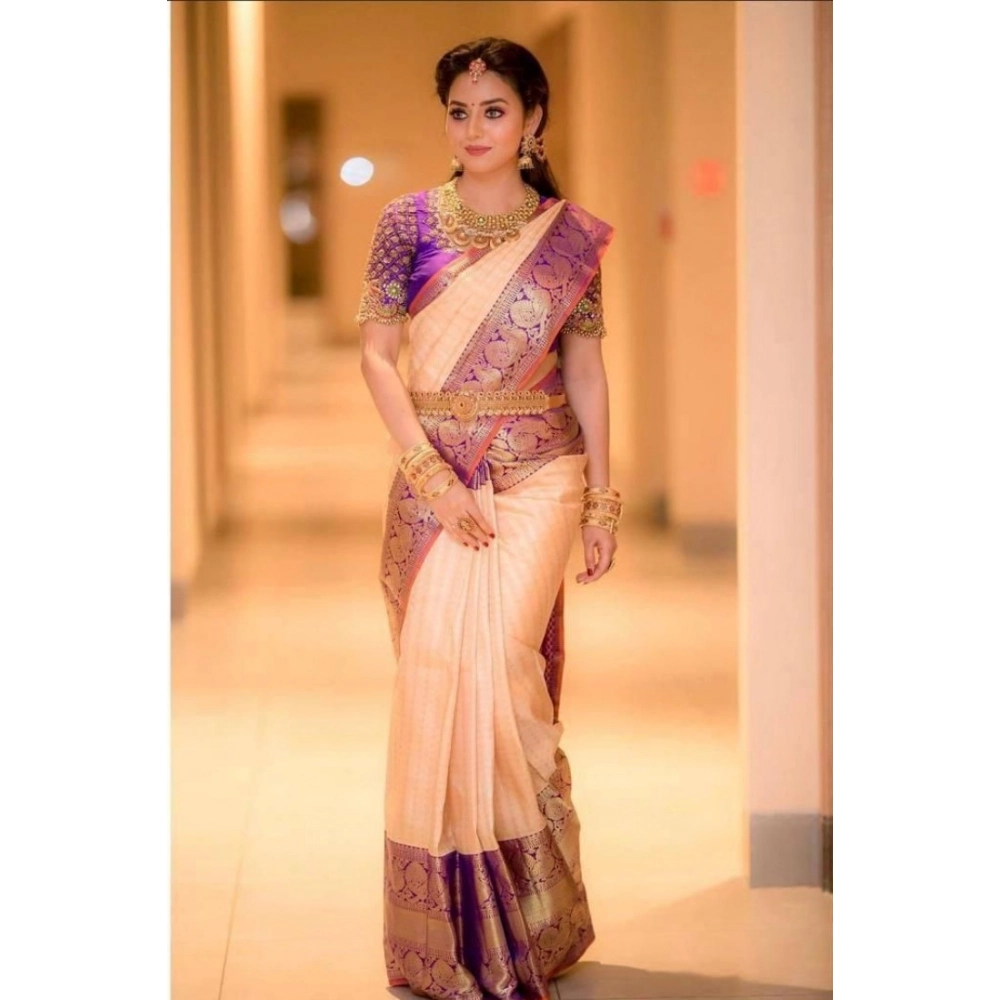Women's Soft Lichi Silk Printed Saree With Unstitched Blouse 5.5Mtr (Purple) - Image 4