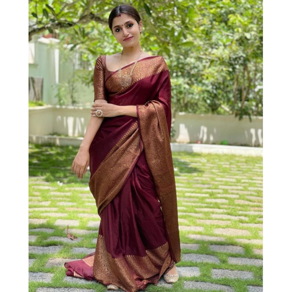 Women's Soft Lichi Silk Solid Saree With Unstitched Blouse 5.5Mtr (Maroon) - Image 3