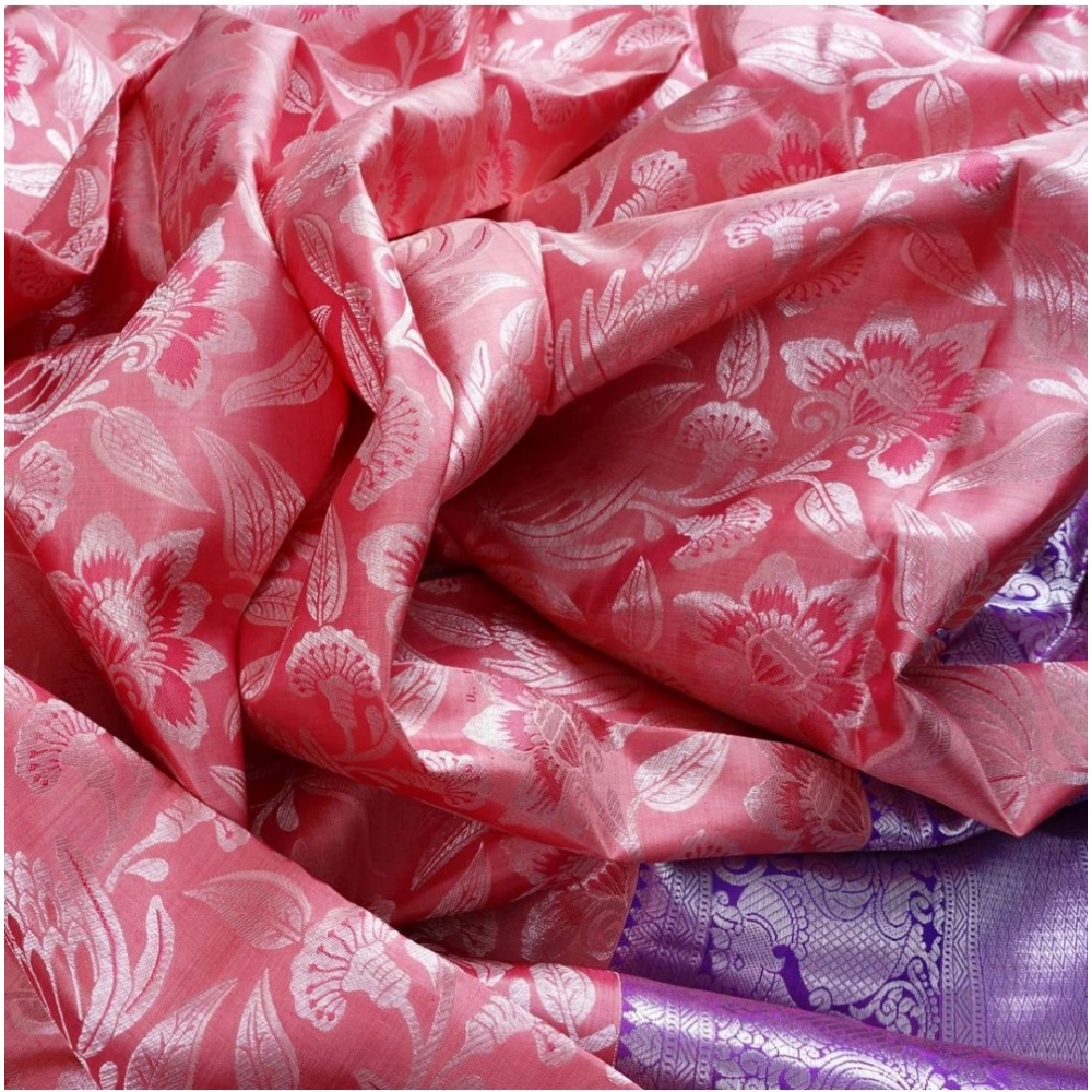 Women's Soft Lichi Silk Printed Saree With Unstitched Blouse 5.5Mtr (Purple) - Image 3