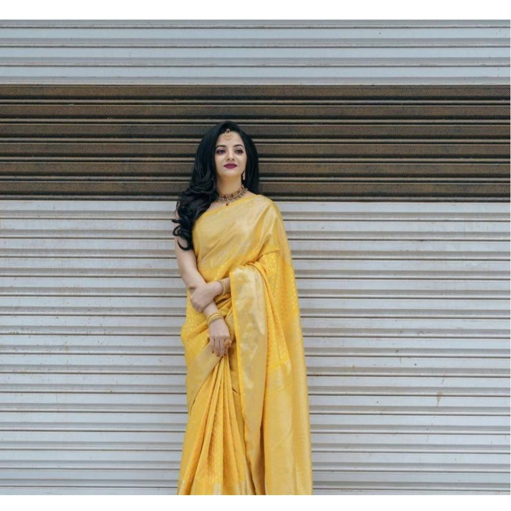 Women's Soft Lichi Silk Printed Saree With Unstitched Blouse 5.5Mtr (Yellow) - Image 2