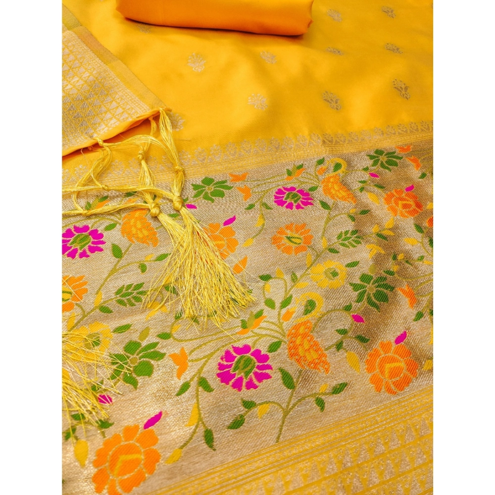 Women's Banarasi Silk Printed Unstitched Salwar Suit Material With Dupatta (Yellow, 3Mtrs) - Image 4