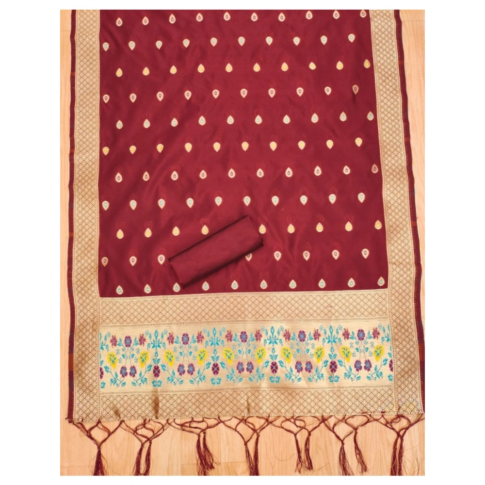 Women's Banarasi Silk Printed Unstitched Salwar Suit Material With Dupatta (Maroon, 3Mtrs) - Image 4
