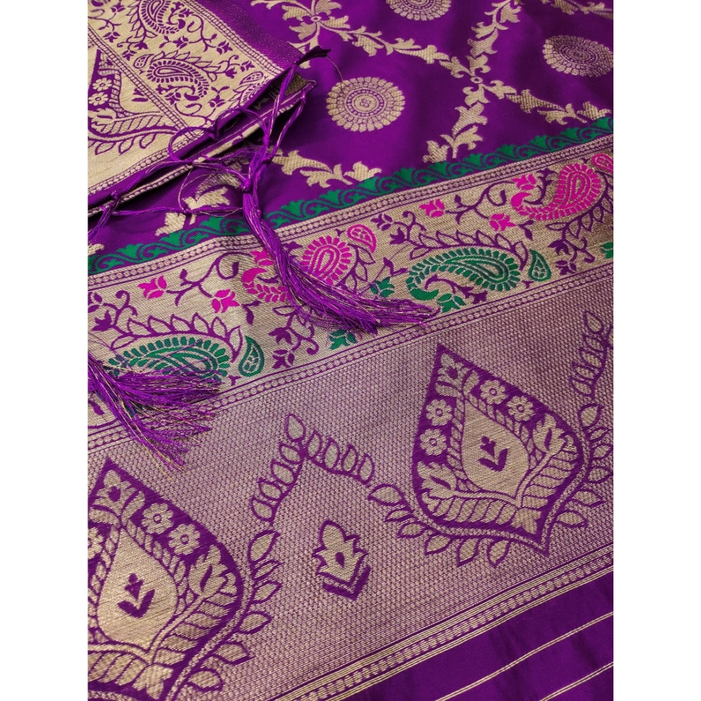 Women's Banarasi Silk Printed Unstitched Salwar Suit Material With Dupatta (Purple, 3Mtrs) - Image 4