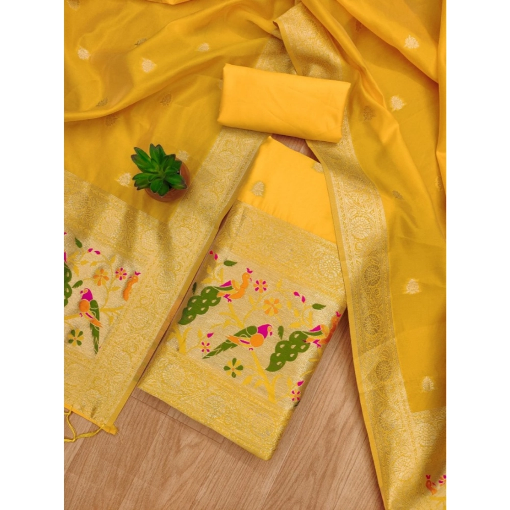 Women's Banarasi Silk Printed Unstitched Salwar Suit Material With Dupatta (Yellow, 3Mtrs) - Image 2