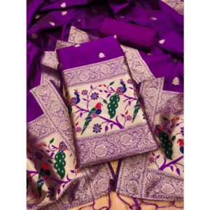 Women's Banarasi Silk Printed Unstitched Salwar Suit Material With Dupatta (Purple, 3Mtrs)