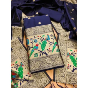 Women's Banarasi Silk Printed Unstitched Salwar Suit Material With Dupatta (Navy Blue, 3Mtrs)