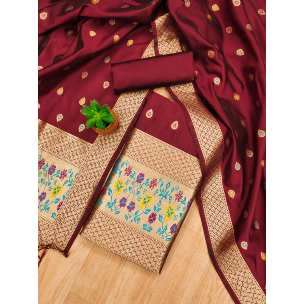 Women's Banarasi Silk Printed Unstitched Salwar Suit Material With Dupatta (Maroon, 3Mtrs) - Image 2