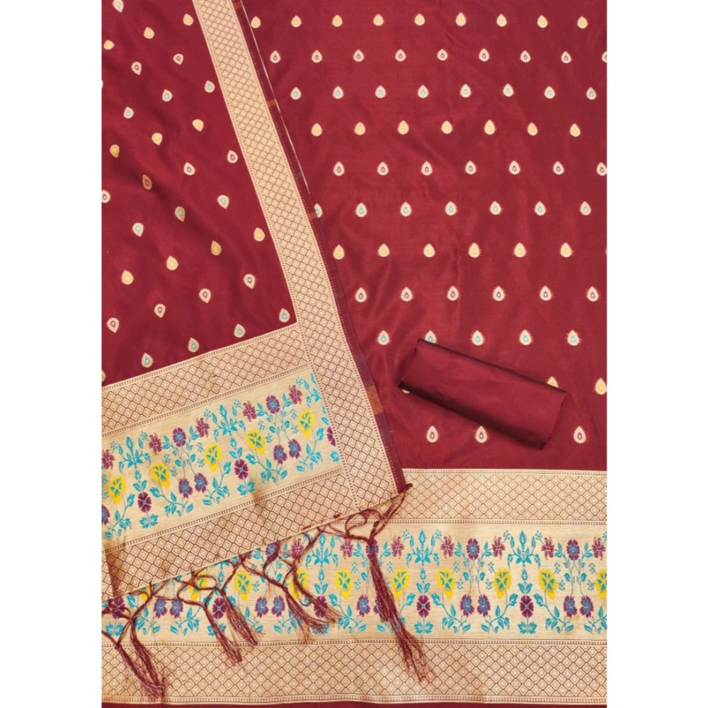Women's Banarasi Silk Printed Unstitched Salwar Suit Material With Dupatta (Maroon, 3Mtrs) - Image 3