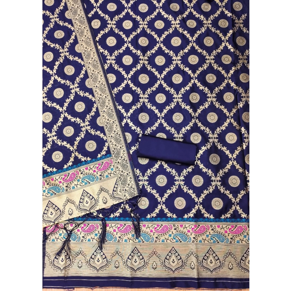 Women's Banarasi Silk Printed Unstitched Salwar Suit Material With Dupatta (Navy Blue, 3Mtrs) - Image 3