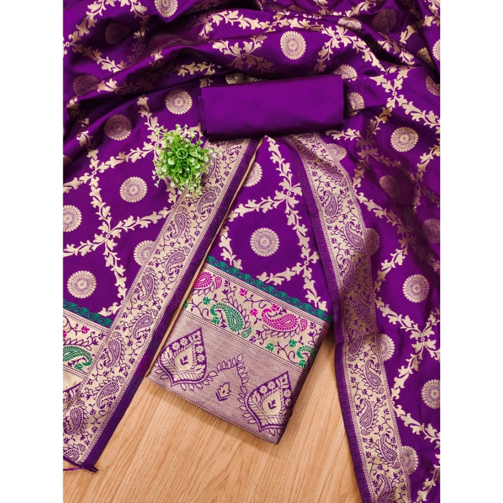 Women's Banarasi Silk Printed Unstitched Salwar Suit Material With Dupatta (Purple, 3Mtrs) - Image 2