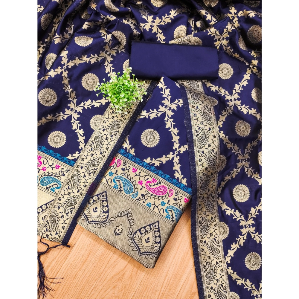 Women's Banarasi Silk Printed Unstitched Salwar Suit Material With Dupatta (Navy Blue, 3Mtrs) - Image 2