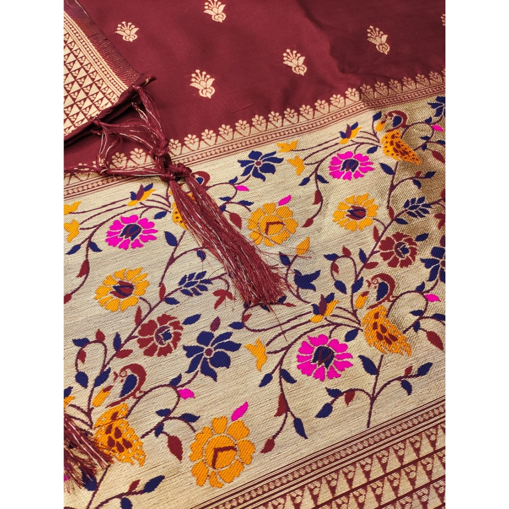 Women's Banarasi Silk Printed Unstitched Salwar Suit Material With Dupatta (Maroon, 3Mtrs) - Image 4