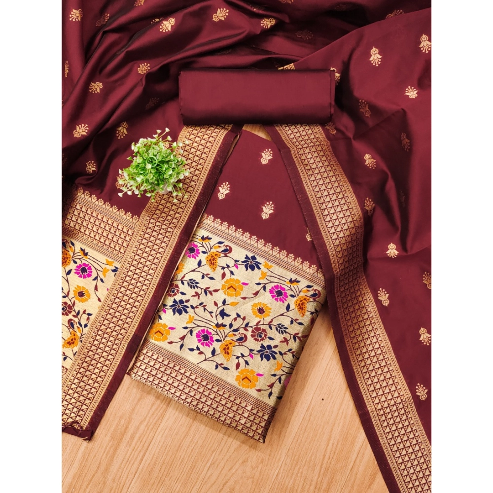 Women's Banarasi Silk Printed Unstitched Salwar Suit Material With Dupatta (Maroon, 3Mtrs) - Image 2