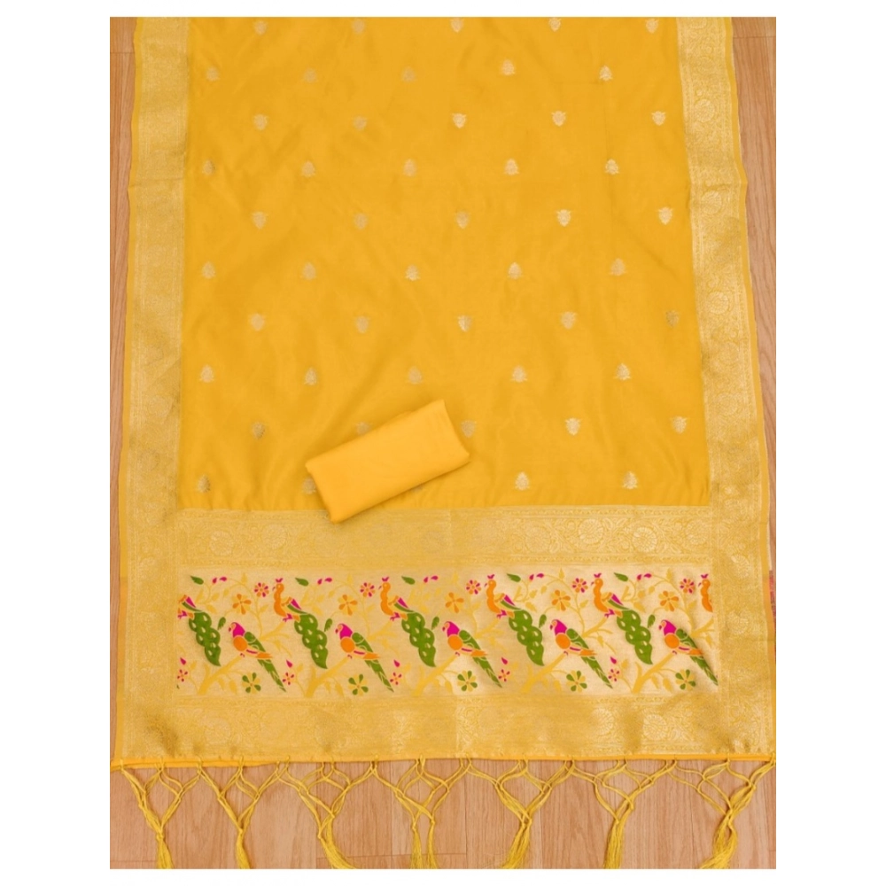 Women's Banarasi Silk Printed Unstitched Salwar Suit Material With Dupatta (Yellow, 3Mtrs) - Image 4