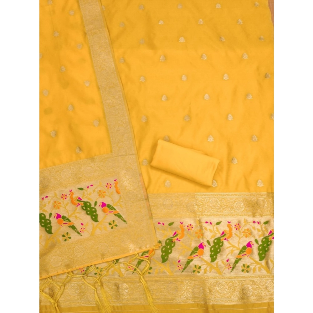 Women's Banarasi Silk Printed Unstitched Salwar Suit Material With Dupatta (Yellow, 3Mtrs) - Image 3